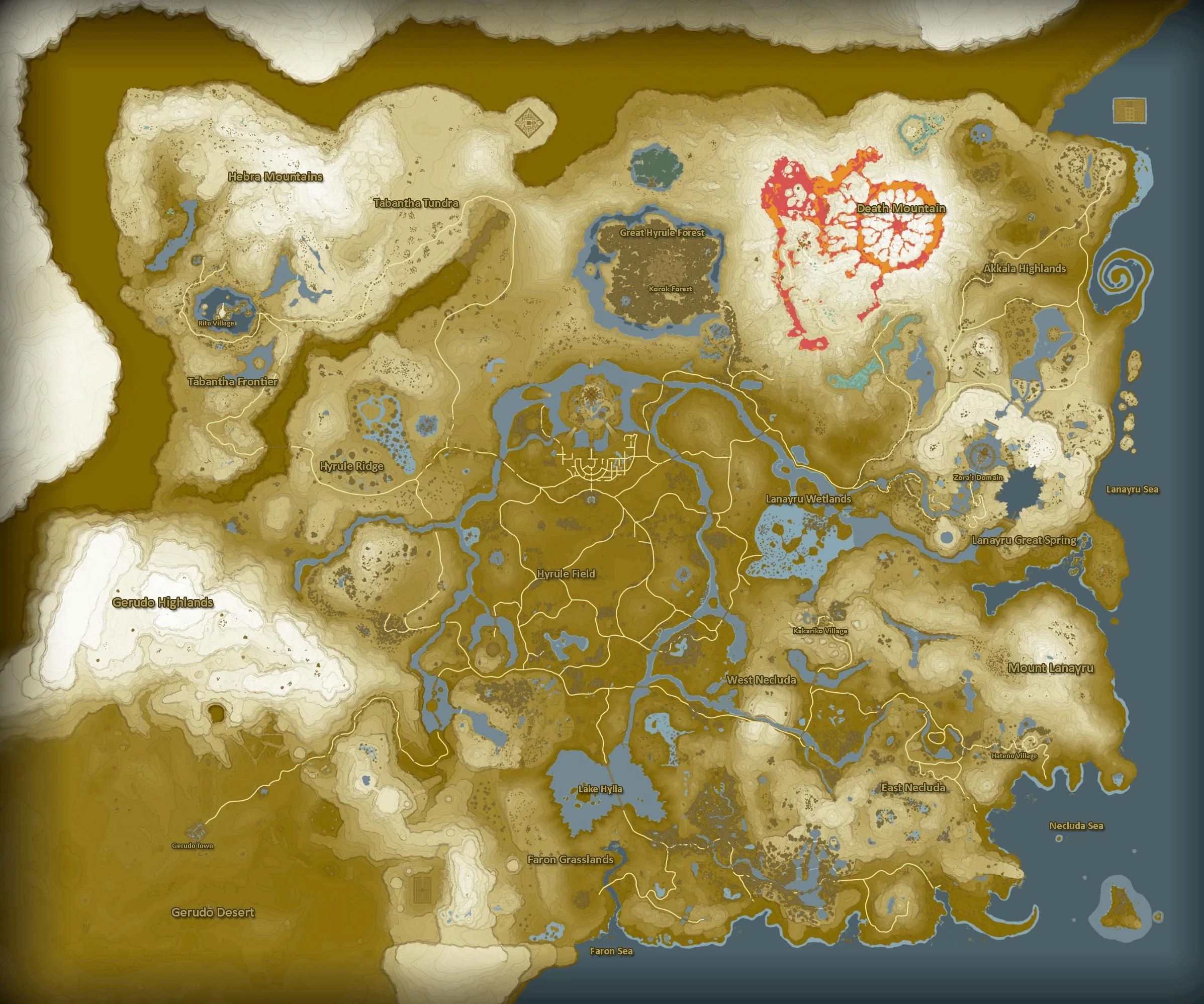 海拉鲁全图（游戏地图，Zelda Wiki 提供；标注版路线见下一张示意图）